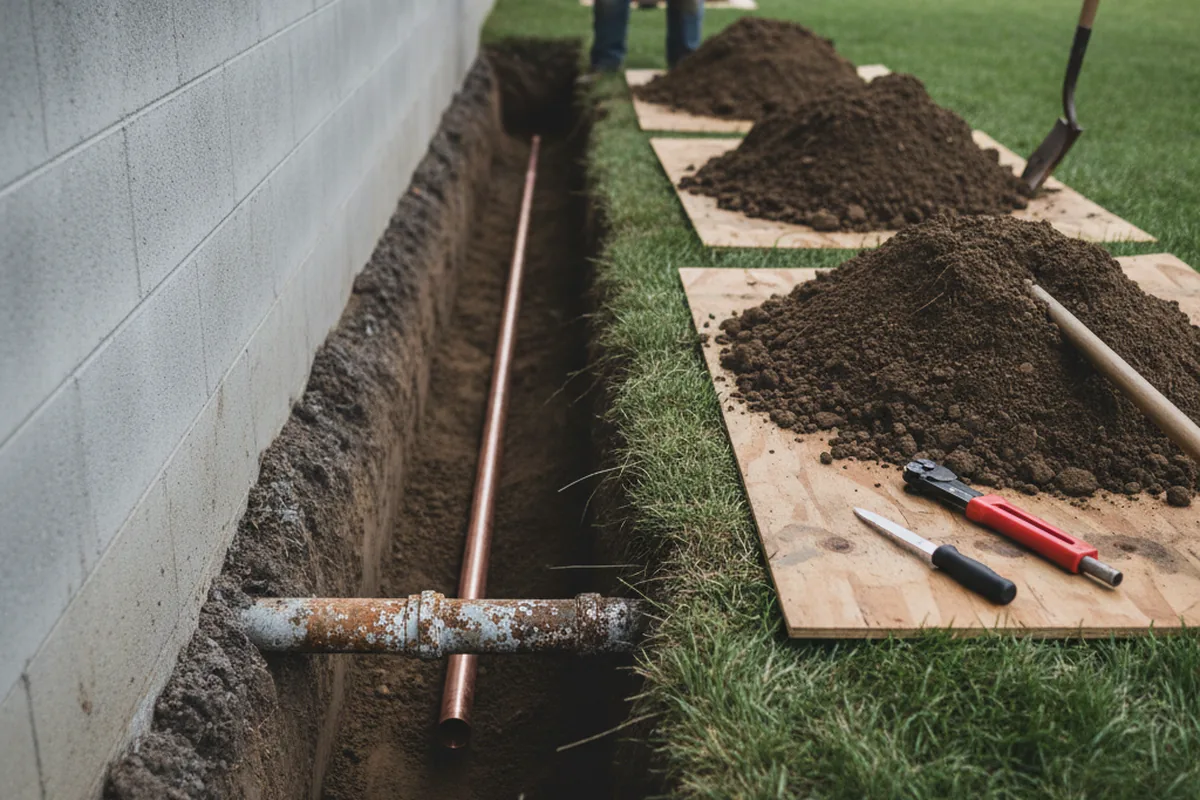 Excavated water line trench during Sewer Line Repair in Talbott
